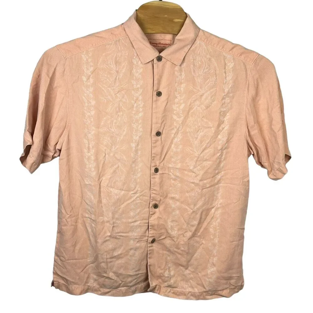 Tommy Bahama Mens Peach Floral Silk Short Sleeve Button Up Shirt‎ Large